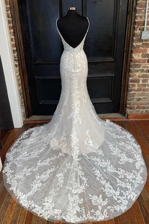 Roycebridal Mermaid V-neck Spaghetti Straps Wedding Dresses With Lace Appliques, MW926