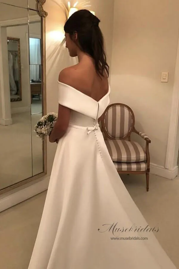 Roycebridal Modest Simple Ivory A Line Off Shoulder Wedding Dresses, Bridal Gown, MW517