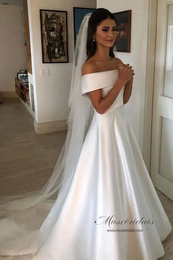 Roycebridal Modest Simple Ivory A Line Off Shoulder Wedding Dresses, Bridal Gown, MW517
