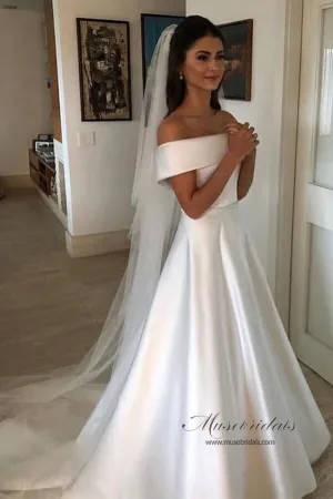 Roycebridal Modest Simple Ivory A Line Off Shoulder Wedding Dresses, Bridal Gown, MW517