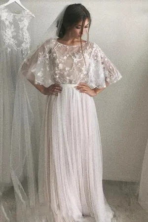Roycebridal Romantic Lace A-line Half Sleeves Wedding Dresses With Short Train, MW575