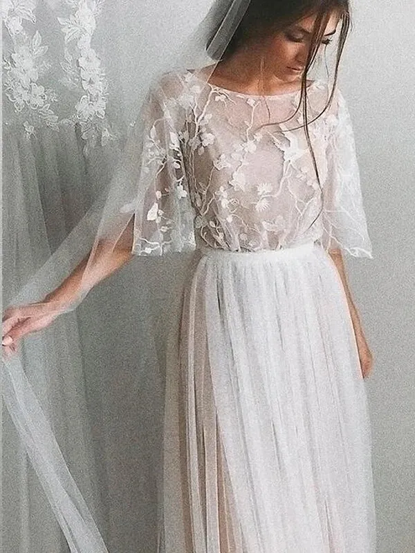 Roycebridal Romantic Lace A-line Half Sleeves Wedding Dresses With Short Train, MW575