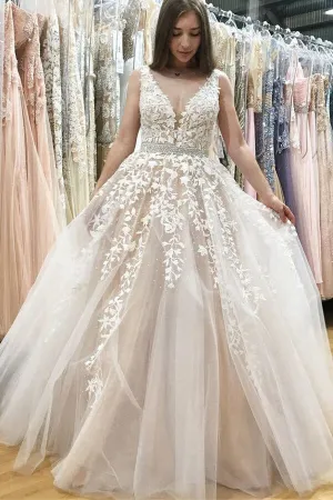 Roycebridal Roycebridal Ivory Tulle Lace A-line V-neck Beaded Wedding Dresses, Prom Dresses, MP640