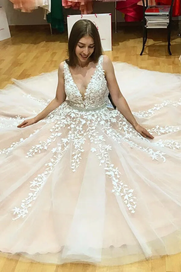 Roycebridal Roycebridal Ivory Tulle Lace A-line V-neck Beaded Wedding Dresses, Prom Dresses, MP640