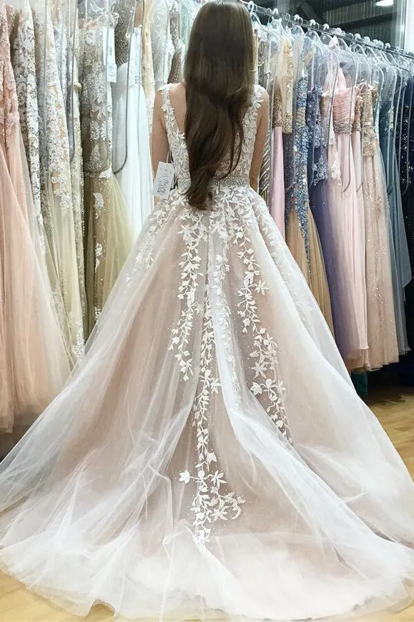 Roycebridal Roycebridal Ivory Tulle Lace A-line V-neck Beaded Wedding Dresses, Prom Dresses, MP640