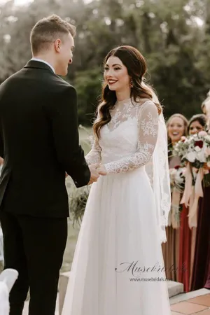 Roycebridal Rustic Bohemian Lace Illusion Neckline Long Sleeves Wedding Dresses, MW547