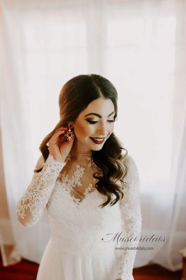 Roycebridal Rustic Bohemian Lace Illusion Neckline Long Sleeves Wedding Dresses, MW547