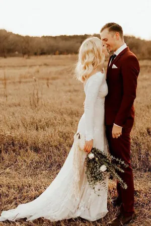 Roycebridal Rustic Ivory Mermaid Long Sleeves Backless Wedding Dresses, Bridal Dress, MW594