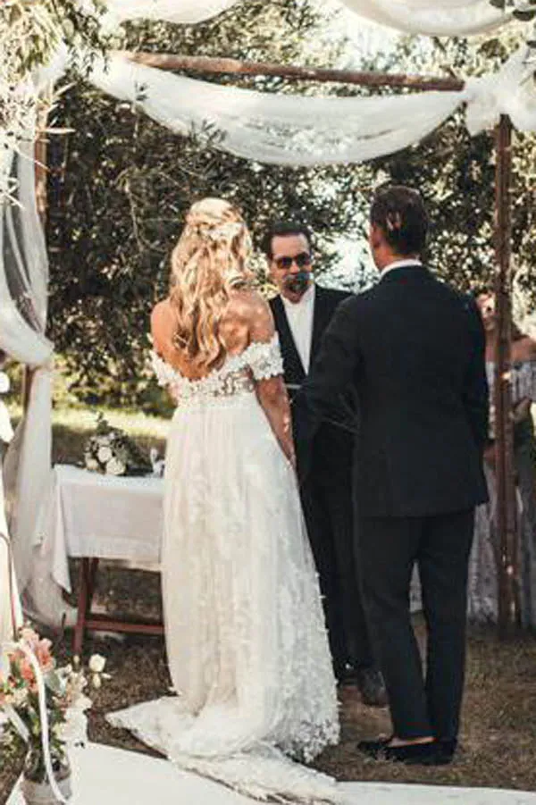 Roycebridal Rustic Lace Off the Shoulder Ivory Beach Wedding Dresses,MW271