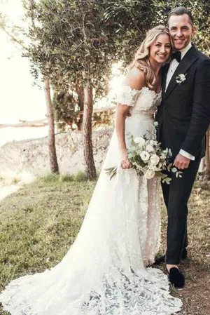 Roycebridal Rustic Lace Off the Shoulder Ivory Beach Wedding Dresses,MW271