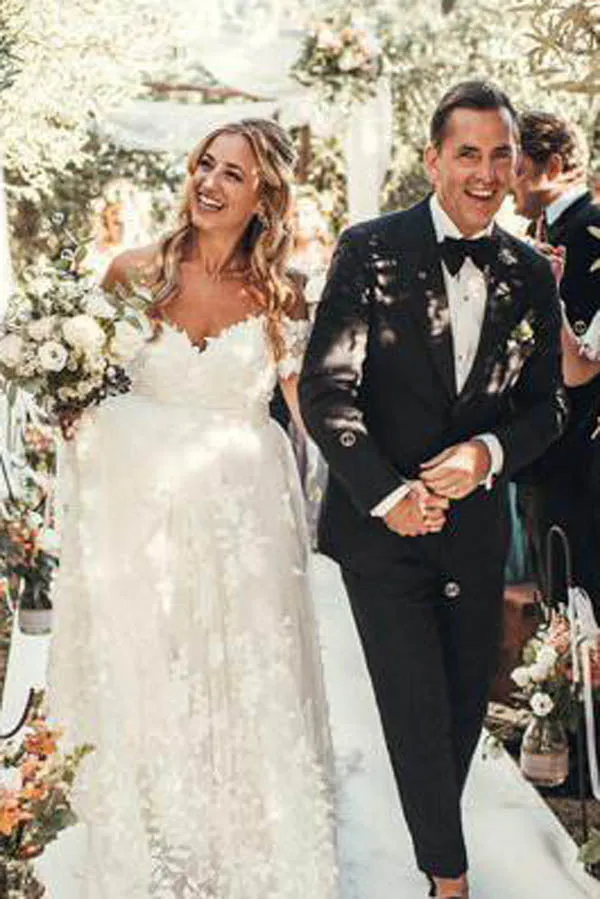 Roycebridal Rustic Lace Off the Shoulder Ivory Beach Wedding Dresses,MW271