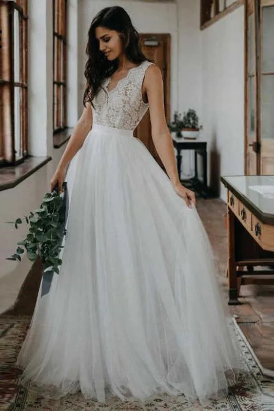 Roycebridal Simple A-ine V-neck Open Back Tulle & Lace Wedding Dresses,Beach Wedding Dresses,MW400