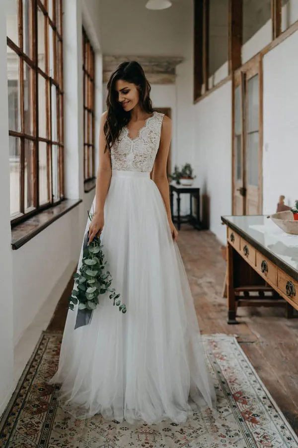 Roycebridal Simple A-ine V-neck Open Back Tulle & Lace Wedding Dresses,Beach Wedding Dresses,MW400