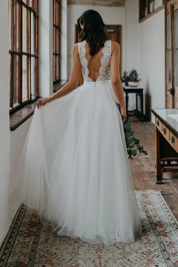 Roycebridal Simple A-ine V-neck Open Back Tulle & Lace Wedding Dresses,Beach Wedding Dresses,MW400