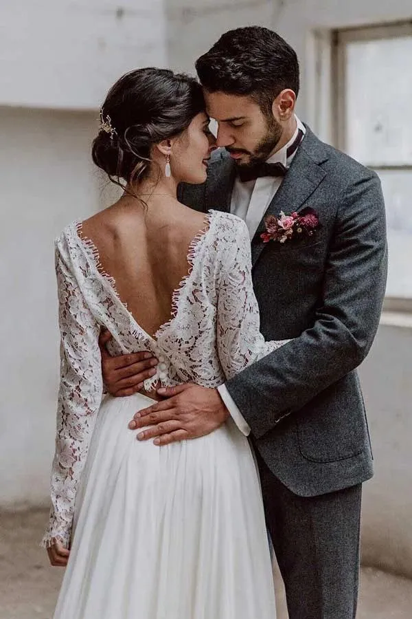 Roycebridal Simple A-line Two-piece Bateau Long Sleeves Lace Wedding Dresses, MW560
