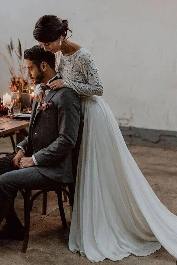 Roycebridal Simple A-line Two-piece Bateau Long Sleeves Lace Wedding Dresses, MW560