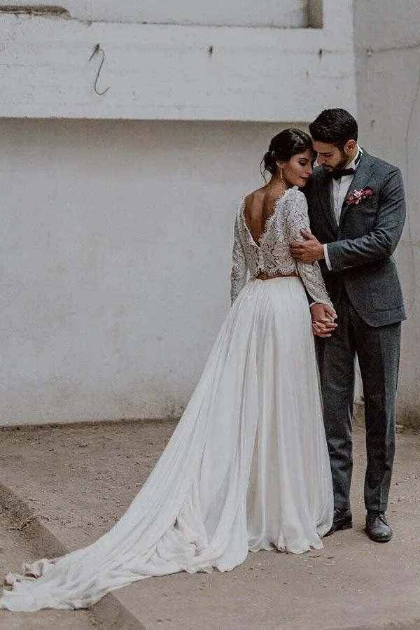 Roycebridal Simple A-line Two-piece Bateau Long Sleeves Lace Wedding Dresses, MW560