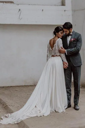Roycebridal Simple A-line Two-piece Bateau Long Sleeves Lace Wedding Dresses, MW560