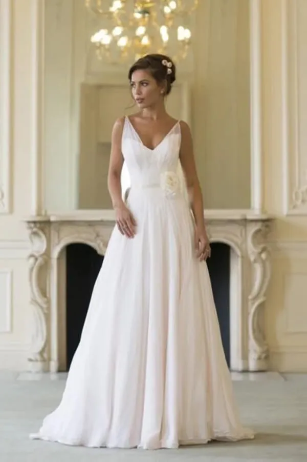 Roycebridal Simple Chiffon A-line V-neck Sleeveless Floor Length Beach Wedding Dresses, MW800