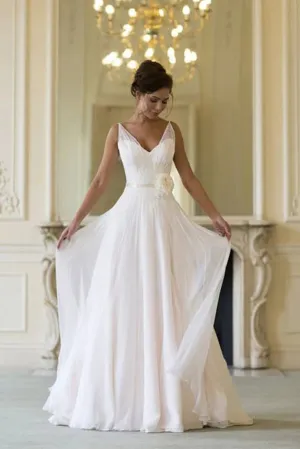 Roycebridal Simple Chiffon A-line V-neck Sleeveless Floor Length Beach Wedding Dresses, MW800