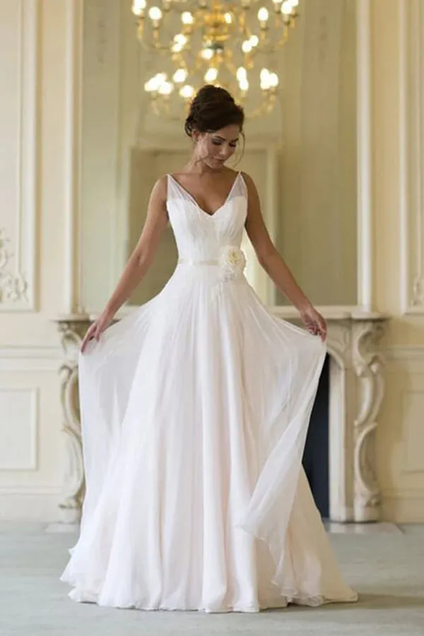 Roycebridal Simple Chiffon A-line V-neck Sleeveless Floor Length Beach Wedding Dresses, MW800