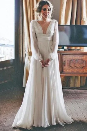 Roycebridal Simple Chiffon Long Sleeves A-line Floor Length Beach Wedding Dresses, MW658