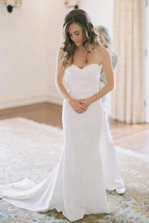 Roycebridal Simple Ivory Mermaid Sweetheart Neck Wedding Dresses With Train, MW697