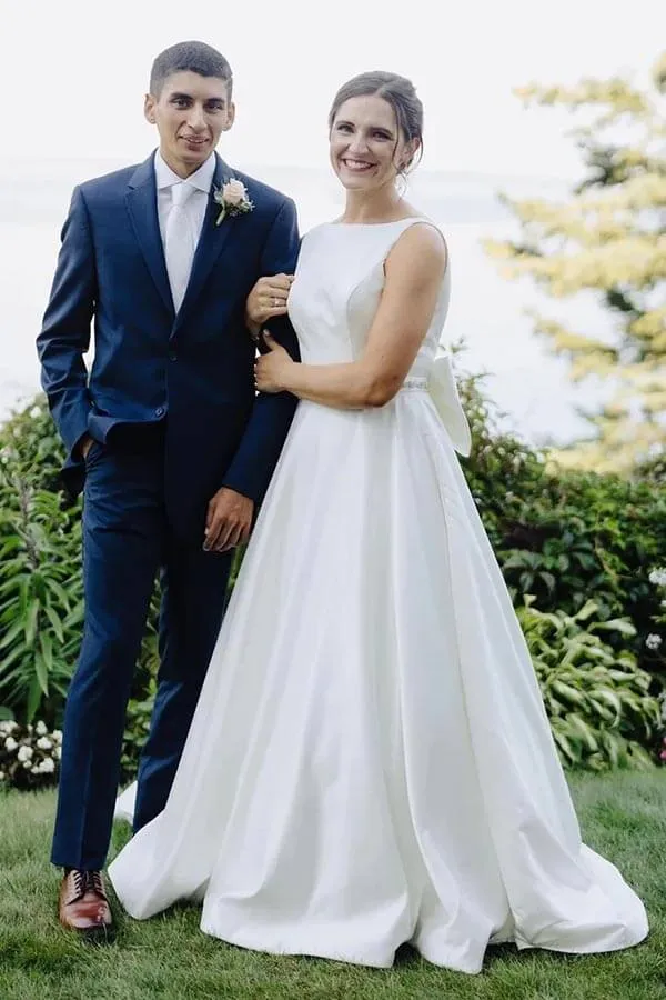 Roycebridal Simple Ivory Satin Bateau Beaded Wedding Dresses With Bow, Bridal Gown, MW867