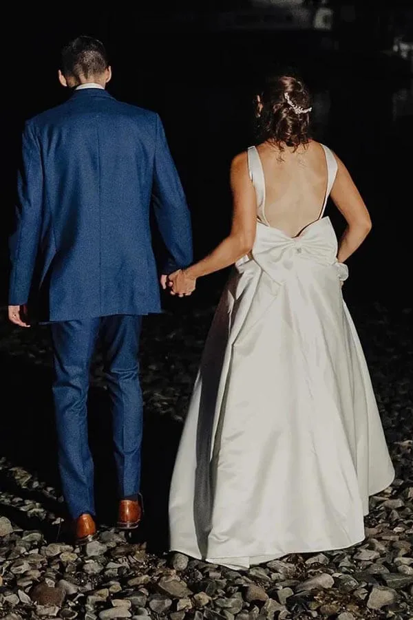 Roycebridal Simple Ivory Satin Bateau Beaded Wedding Dresses With Bow, Bridal Gown, MW867
