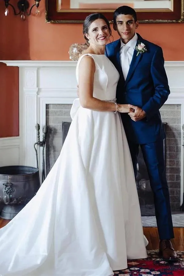 Roycebridal Simple Ivory Satin Bateau Beaded Wedding Dresses With Bow, Bridal Gown, MW867