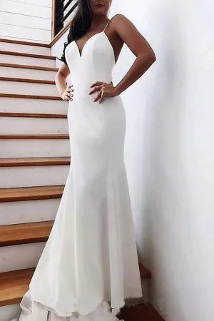 Roycebridal Simple Satin Mermaid V-neck Spaghetti Straps Wedding Dresses With Bow, MW691
