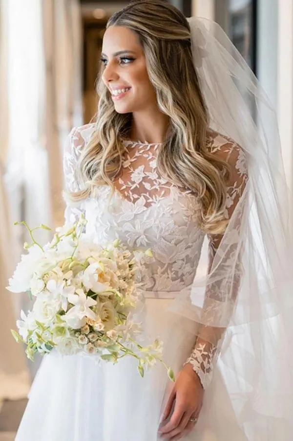 Roycebridal Tulle A-line Illusion Floral Lace Long Sleeves Wedding Dresses, Bridal Gown, MW937