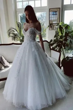 Roycebridal Tulle A-line Off-the-Shoulder Beaded Wedding Dresses With Lace Appliques, MW780