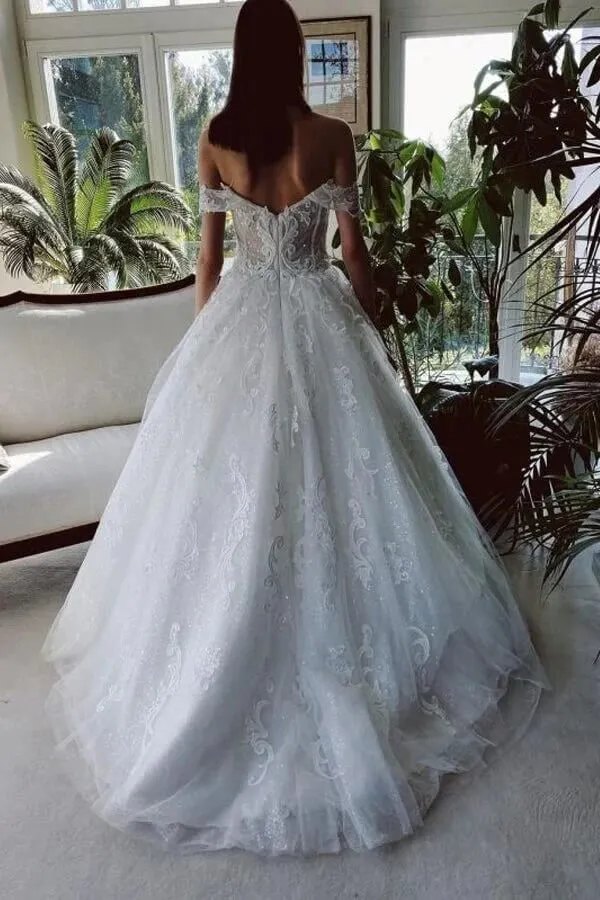 Roycebridal Tulle A-line Off-the-Shoulder Beaded Wedding Dresses With Lace Appliques, MW780