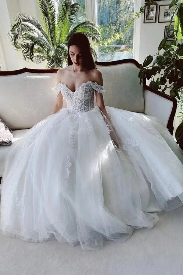 Roycebridal Tulle A-line Off-the-Shoulder Beaded Wedding Dresses With Lace Appliques, MW780