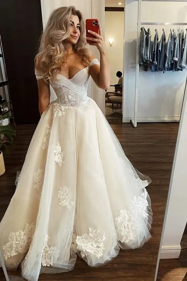 Roycebridal Tulle A-line Off-the-Shoulder Wedding Dresses With Floral Appliques, MW1003