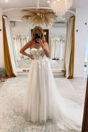 Roycebridal Tulle A-line Sweetheart Neck Wedding Dresses With Lace Appliques, MW909