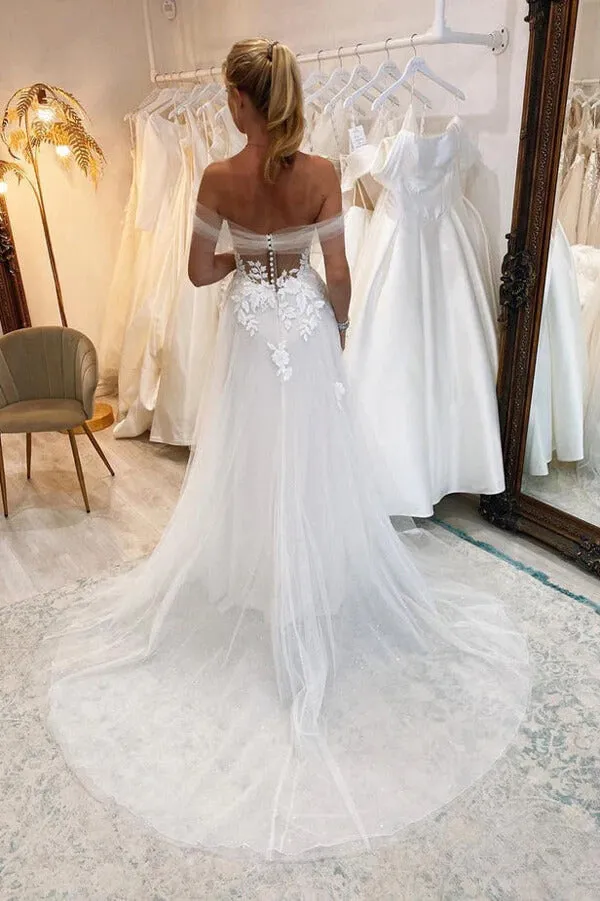 Roycebridal Tulle A-line Sweetheart Neck Wedding Dresses With Lace Appliques, MW909
