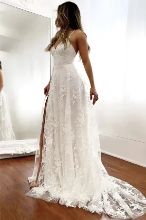 Roycebridal Tulle A-line V-neck Open Back Spaghetti Straps Wedding Dresses With Slit, MW886