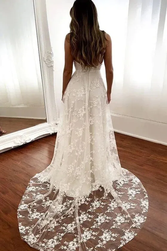 Roycebridal Tulle A-line V-neck Open Back Spaghetti Straps Wedding Dresses With Slit, MW886