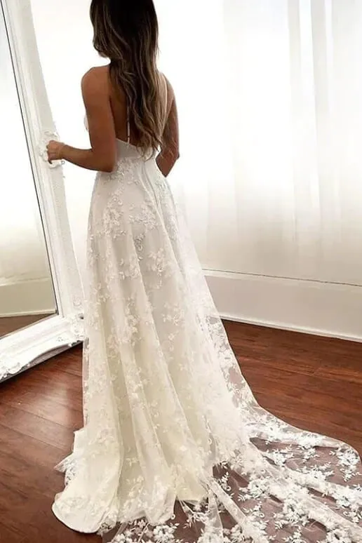 Roycebridal Tulle A-line V-neck Open Back Spaghetti Straps Wedding Dresses With Slit, MW886