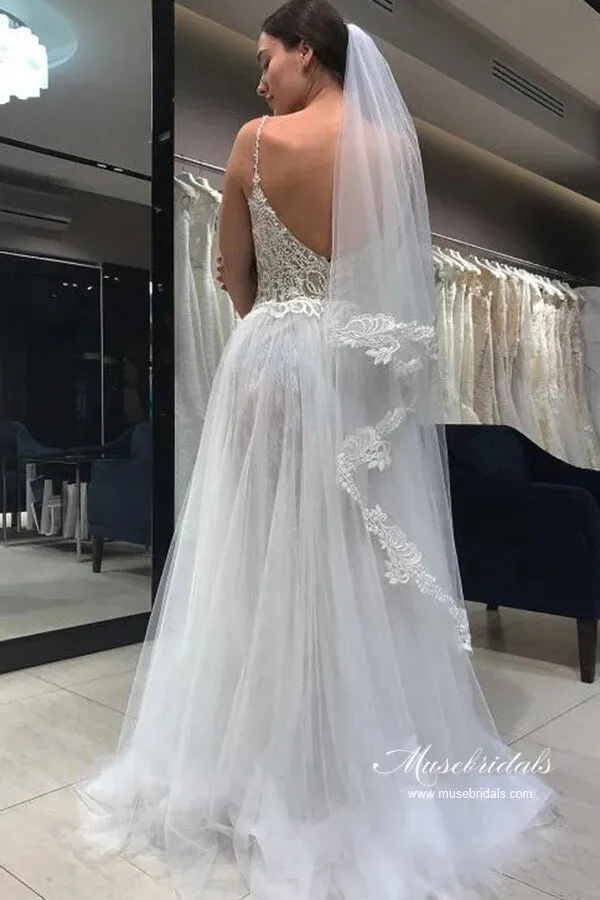 Roycebridal Tulle A-line V-neck Spaghetti Straps Backless Wedding Dress With Lace, MW998
