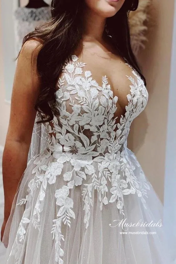 Roycebridal Tulle A-line V-neck Wedding Dresses With Lace Appliques, Bridal Gown, MW921