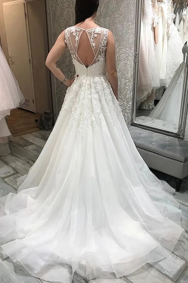 Roycebridal Tulle A-line V-neck Wedding Dresses With Lace Appliques, Bridal Gowns, MW818