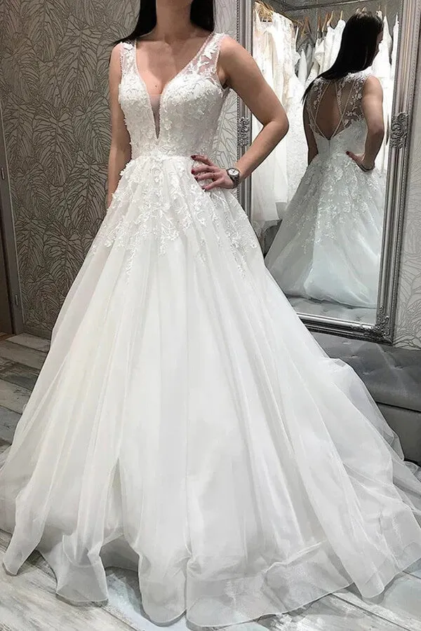 Roycebridal Tulle A-line V-neck Wedding Dresses With Lace Appliques, Bridal Gowns, MW818