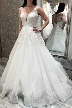 Roycebridal Tulle A-line V-neck Wedding Dresses With Lace Appliques, Bridal Gowns, MW818