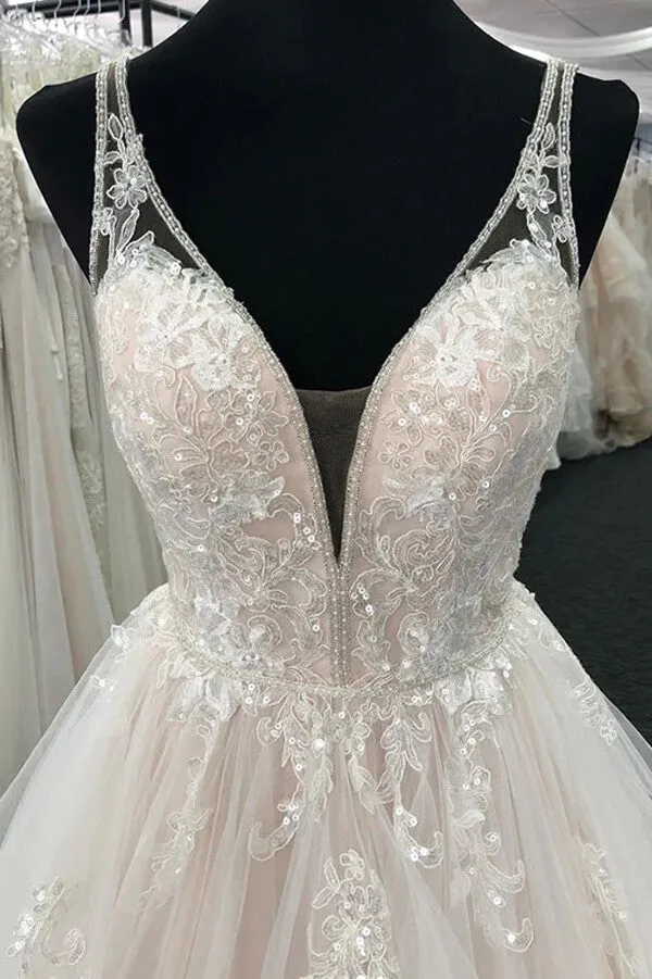 Roycebridal Tulle A-line V-neck Wedding Dresses With Lace Appliques, Wedding Gown, MW807