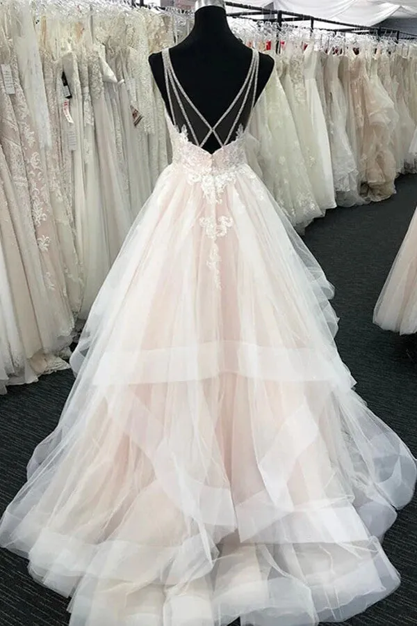 Roycebridal Tulle A-line V-neck Wedding Dresses With Lace Appliques, Wedding Gown, MW807