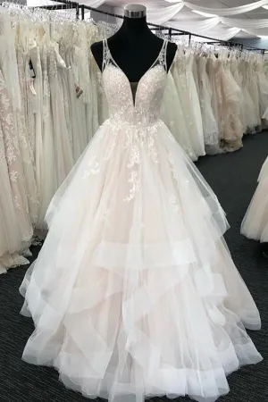 Roycebridal Tulle A-line V-neck Wedding Dresses With Lace Appliques, Wedding Gown, MW807