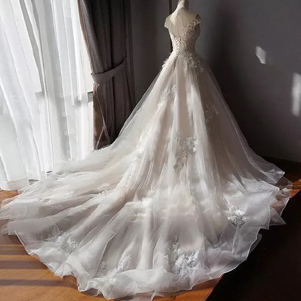 Roycebridal Tulle Ball Gown Off-the-Shoulder Beaded Lace Appliques Wedding Dresses, MW799